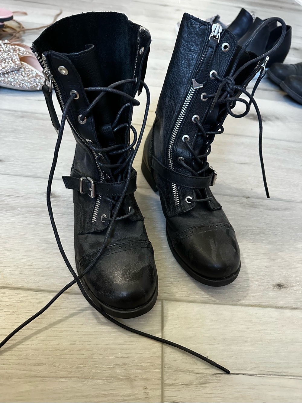 Aldo Black Lace-Up Combat Boots with Side Zipper and Buckle